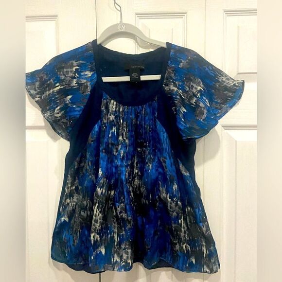 Calvin Klein women’s short bell sleeve pleaded A-line blouse size small - Picture 3 of 8